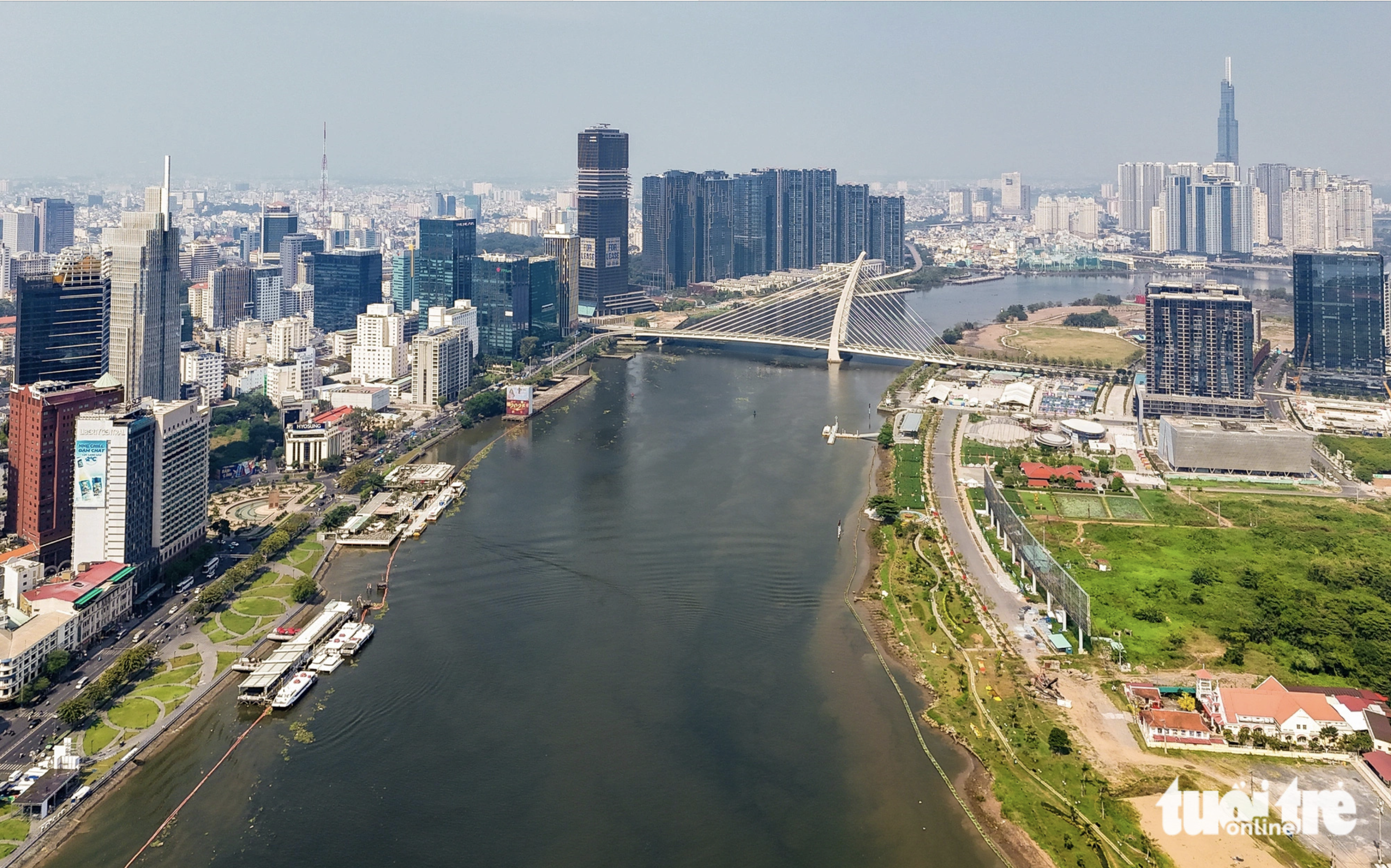 A photo of both banks of the Saigon River taken in January 2025.