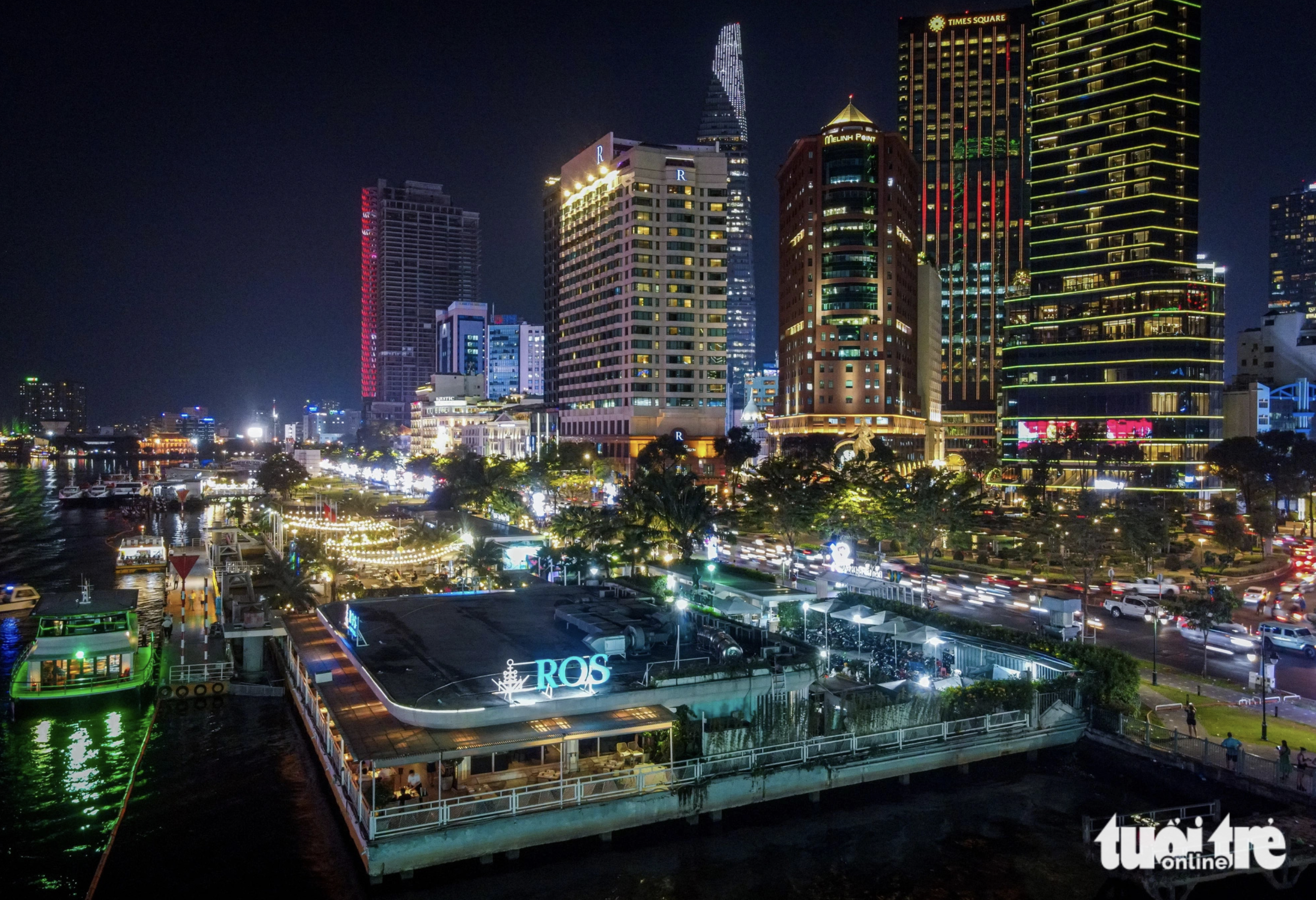 Bach Dang Wharf shines brightly at night.