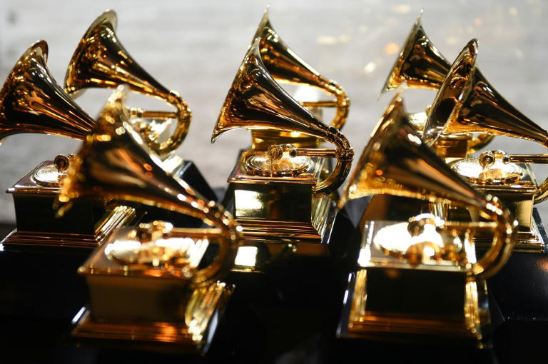 Grammy trophies sit in the press room during the 60th Annual Grammy Awards on January 28, 2018, in New York. Photo: AFP