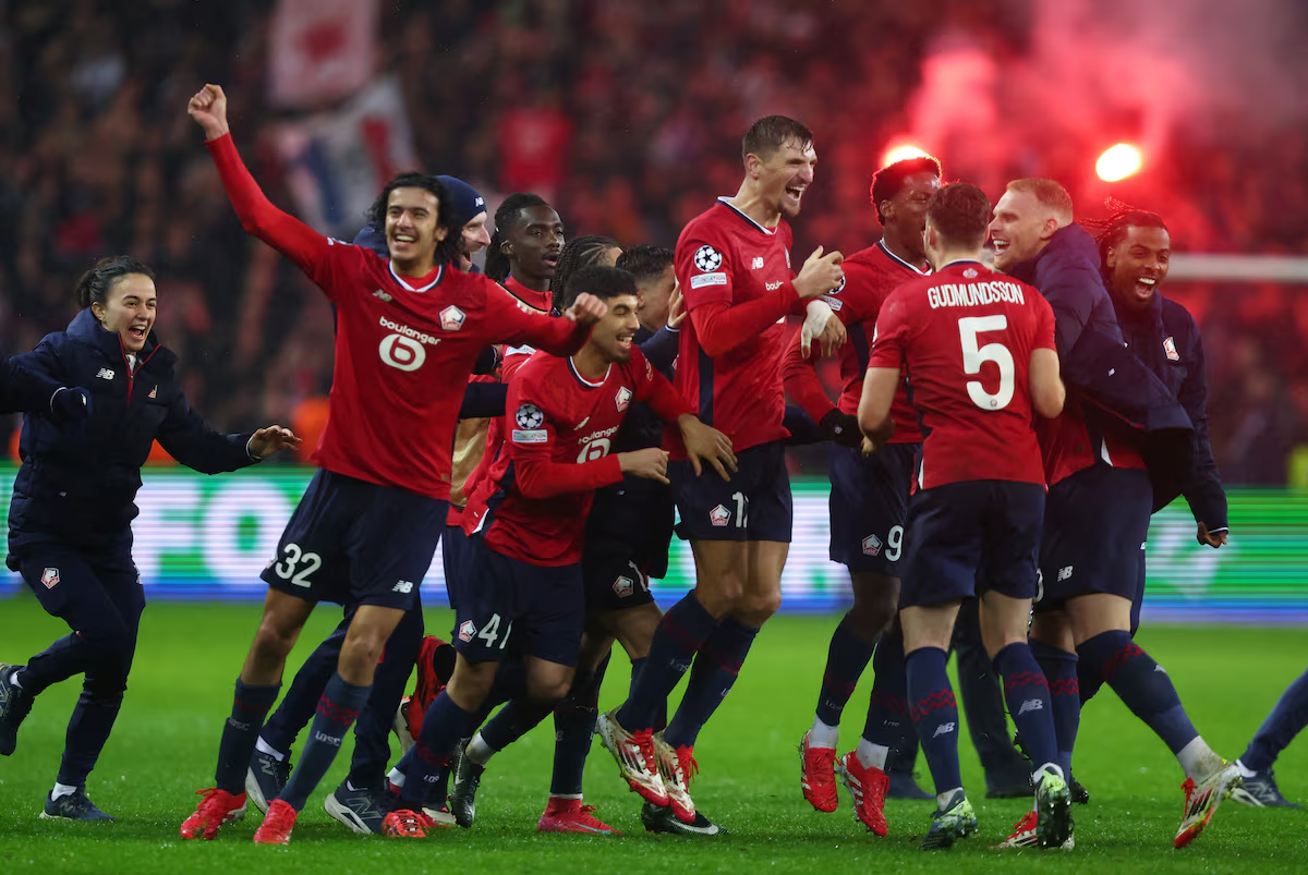 Soccer Football - Champions League - Lille v Feyenoord - Decathlon Arena Stade Pierre-Mauroy, Villeneuve-d'Ascq, France - January 29, 2025 Lille players celebrate after the match. Photo: Reuters