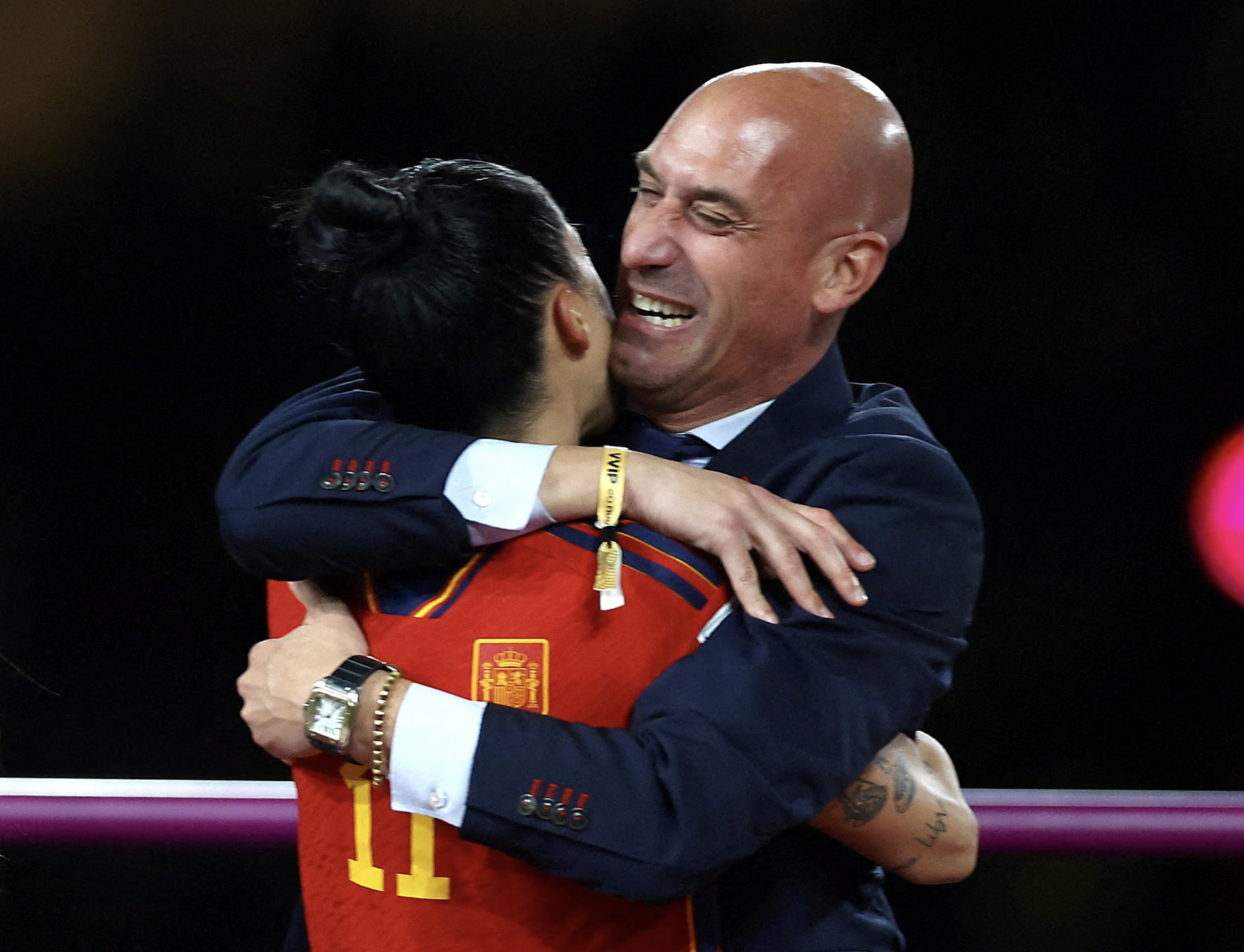 Soccer Football - FIFA Women's World Cup Australia and New Zealand 2023 - Final - Spain v England - Stadium Australia, Sydney, Australia - August 20, 2023. Spain's Jennifer Hermoso celebrates with President of the Royal Spanish Football Federation Luis Rubiales after the match. Photo: Reuters