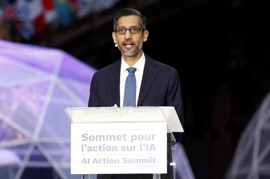 Google CEO Sundar Pichai delivers a speech during the Artificial Intelligence (AI) Action Summit at the Grand Palais in Paris, France, February 10, 2025. Photo: Reuters