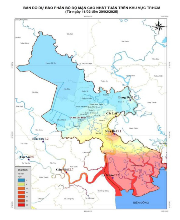 A map of saltwater intrusion forecast in Ho Chi Minh City. Photo: Southern Regional Hydrometeorological Center