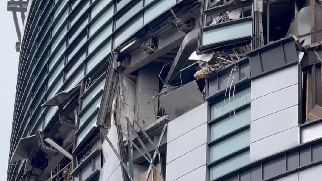 View of a damaged building following a gas explosion at Taichung shopping mall in Taichung, Taiwan, February 13, 2025, in this screen grab obtained from a video. Photo: CTI via Reuters TV