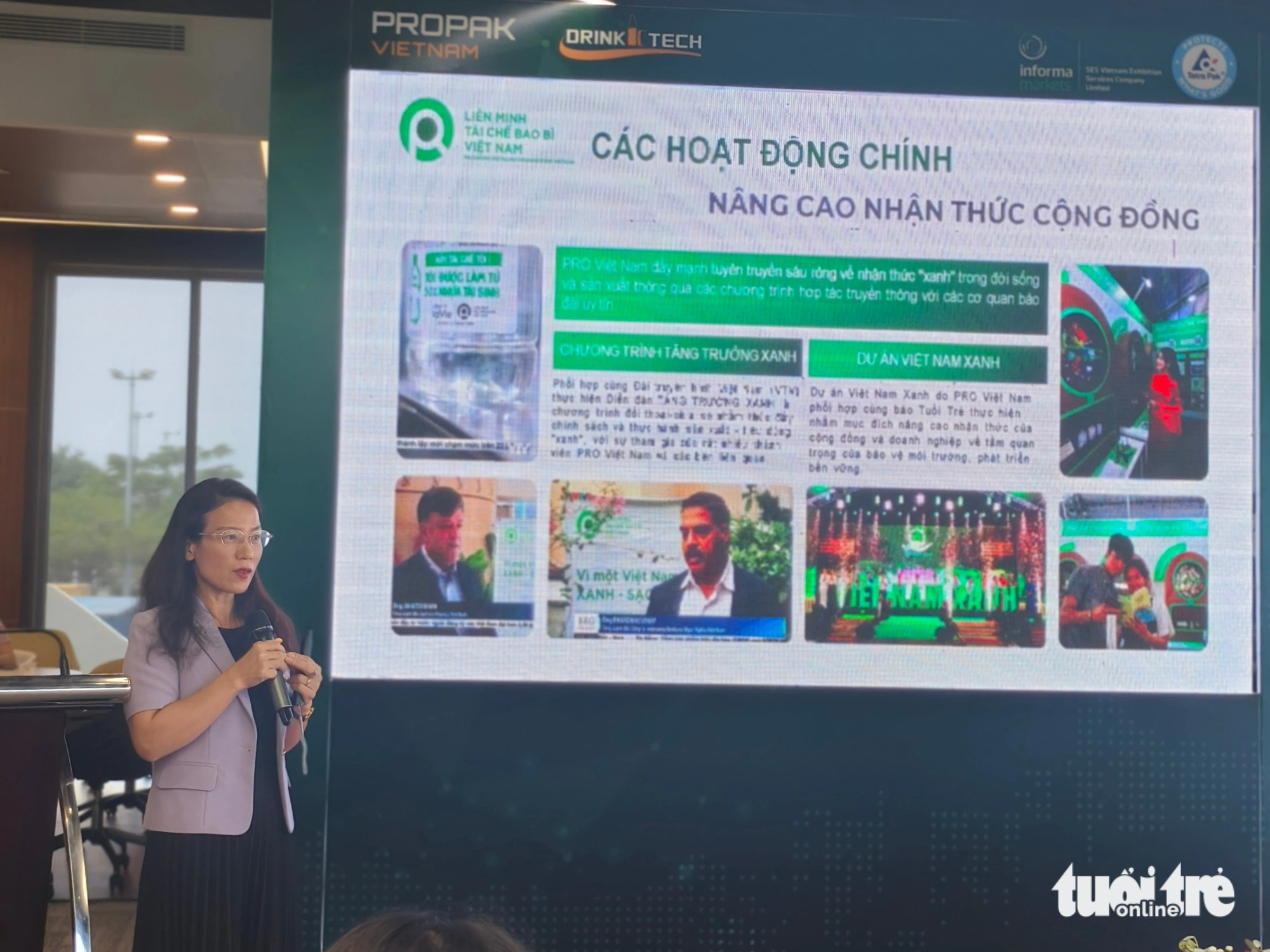 PRO Vietnam’s Chief Operating Officer Chu Thi Kim Thanh briefs participants about PRO Vietnam’s programs aimed at raising awareness about waste sorting and recycling at a conference in Binh Duong Province, southern Vietnam, February 20, 2025. Photo: Nhat Xuan / Tuoi Tre