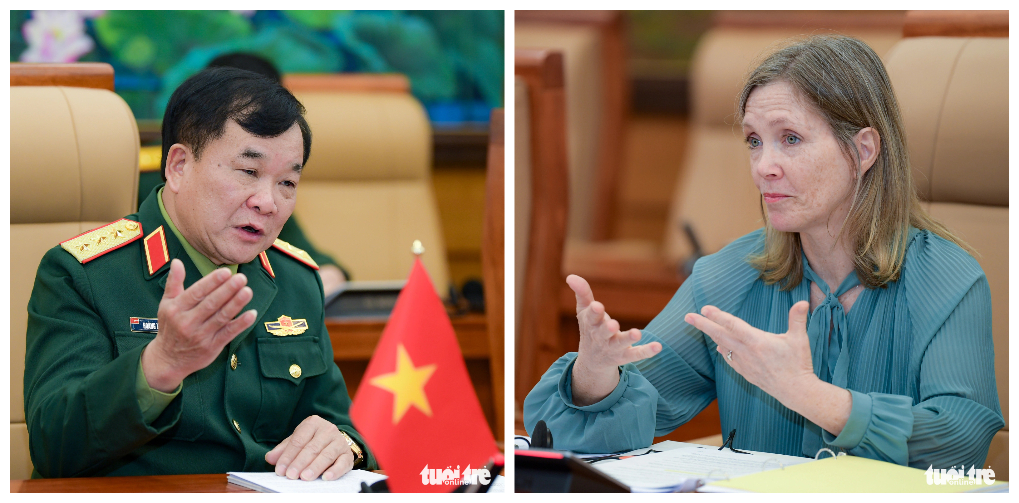 Sen. Lt. Gen. Hoang Xuan Chien (L), Vietnamese Deputy Minister of National Defense, and his Canadian counterpart Stefanie Beck address the third Vietnam-Canada Defense Policy Dialogue, Hanoi, February 20, 2025. Photo: Nam Tran / Tuoi Tre