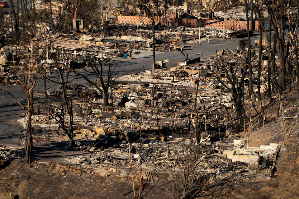 A view shows the remains of homes burned by the Palisades Fire, in the Pacific Palisades neighborhood in Los Angeles, California, U.S. January 14, 2025. Photo: Reuters