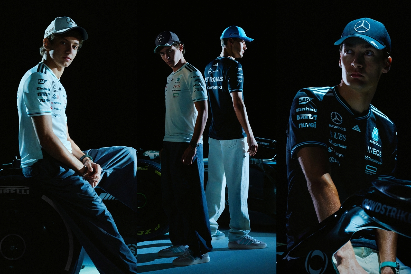 Kimi Antonelli and George Russell with adidas x Mercedes-AMG PETRONAS F1 fanwear line