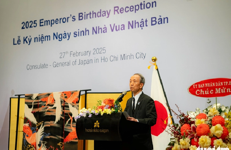 Consul General of Japan in Ho Chi Minh City Ono Matsuo speaks at a ceremony to celebrate Emperor Naruhito's 65th birthday in Ho Chi Minh City, February 27, 2025. Photo: Ngoc Duc / Tuoi Tre