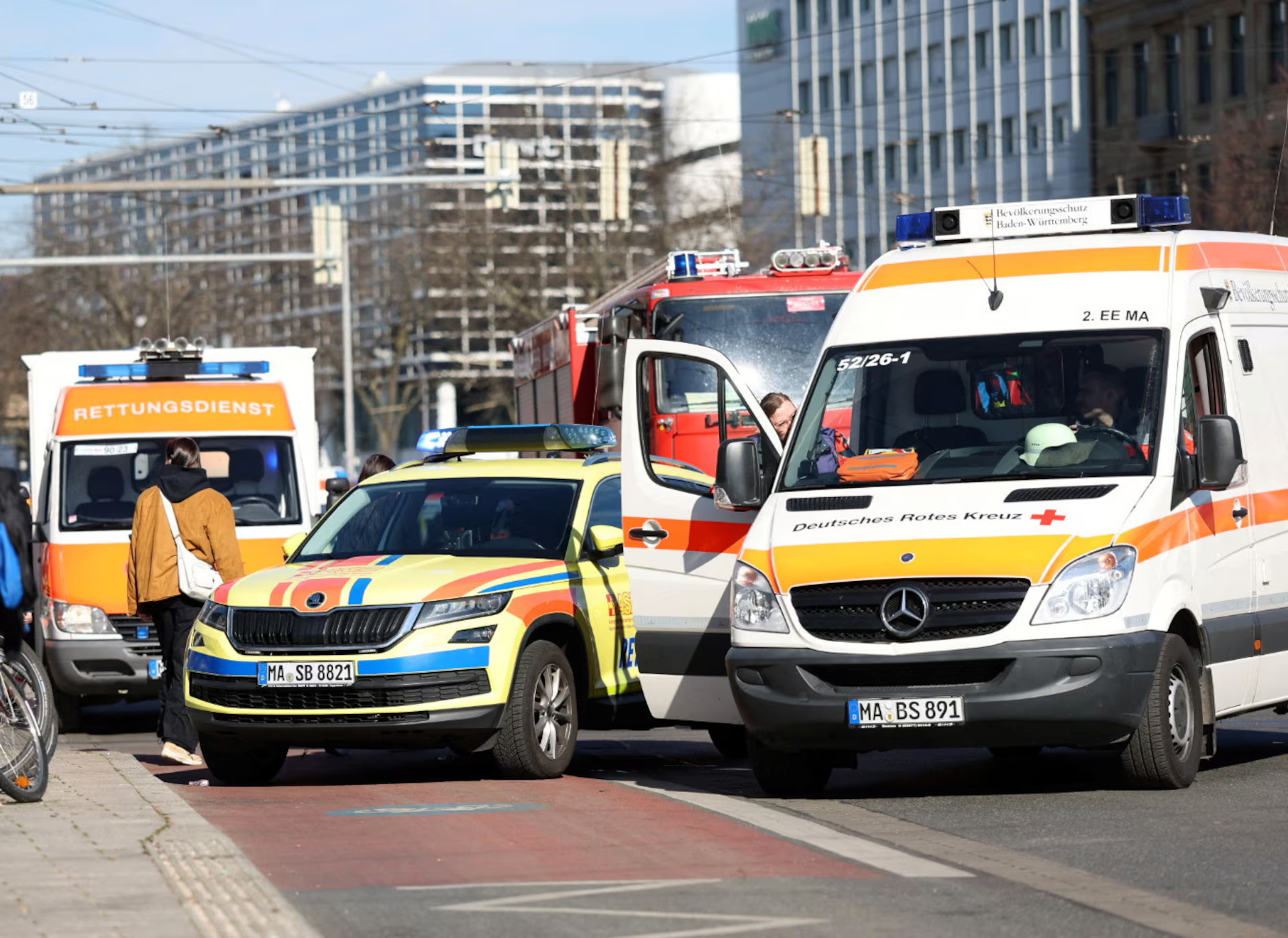 Ambulance vehicles are parked near the scene after a car drove into a crowd, in Mannheim, Germany, March 3, 2025. Photo: Reuters