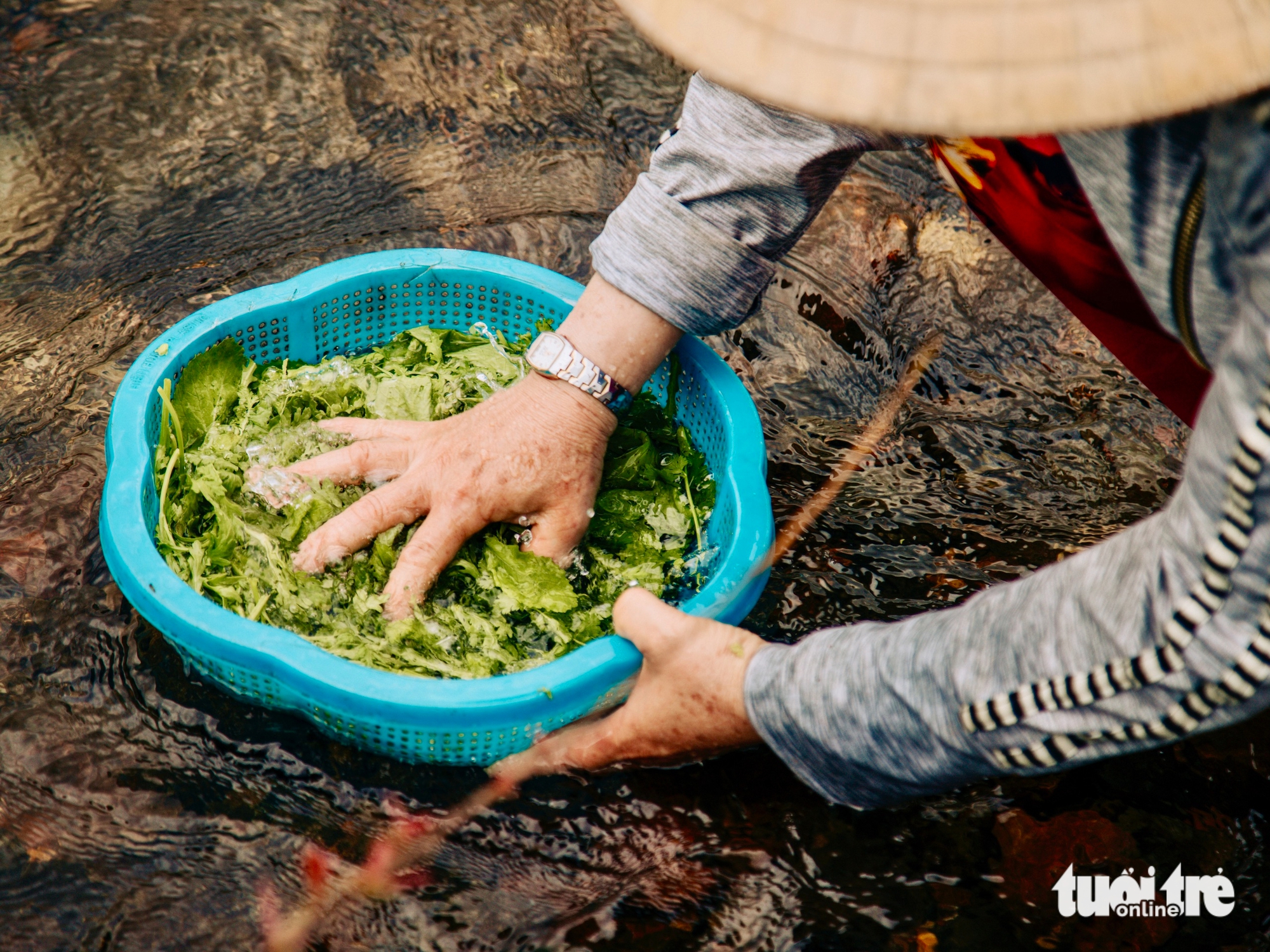 Tourist washes vegetables in a stream at Phun Abyss in Hoa My Tay Commune, Tay Hoa District, Phu Yen Province, south-central Vietnam. Photo: Le Quy Tai