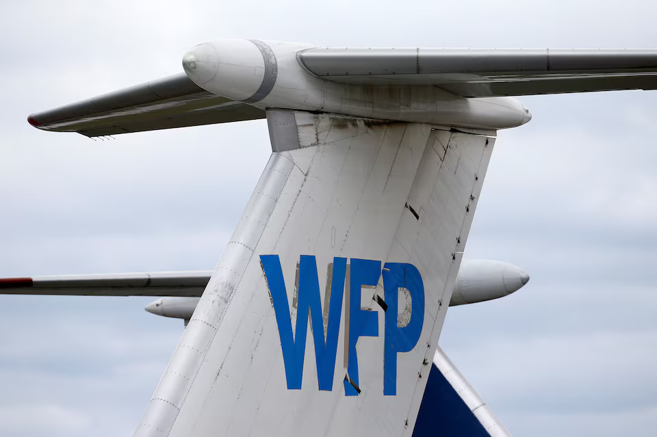 A logo of the World Food Program humanitarian organization is seen on a plane at the National Airport Minsk, Belarus, April 19, 2018. Photo: Reuters