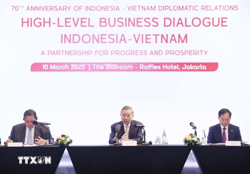 Vietnam’s Party General Secretary To Lam (C) attends a high-level business dialogue in Jakarta, Indonesia, March 10, 2025. Photo: Vietnam News Agency