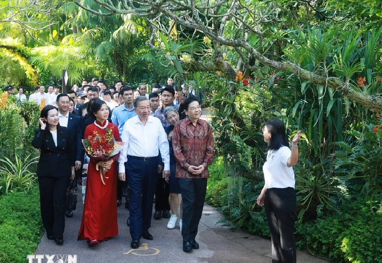 Party General Secretary To Lam, his spouse Ngo Phuong Ly, and Singaporean Prime Minister Lawrence Wong visit the Singapore Botanic Gardens in Singapore, March 12, 2025. Photo: Vietnam News Agency