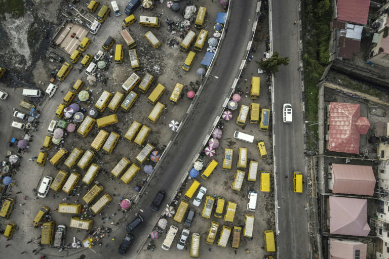 This aerial photograph shows the Obalende bus terminus in Lagos on September 24, 2024. Photo: AFP