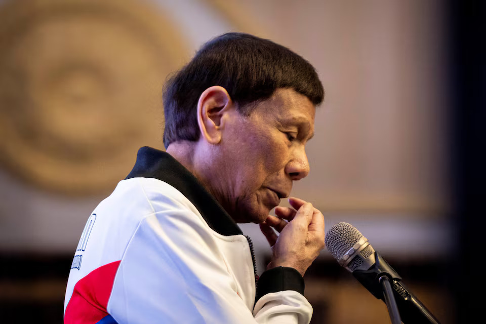 [13/14]Former Philippine president Rodrigo Duterte gestures as he delivers a message during the proclamation rally for his political party PDP-Laban's senatorial candidates ahead of the midterm elections, at Club Filipino in San Juan, Metro Manila, Philippines, February 13, 2025. Photo: Reuters