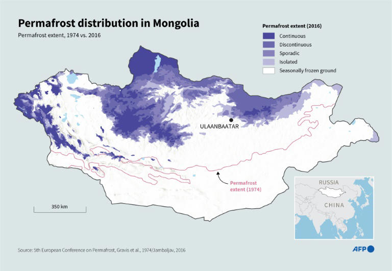 Infographic showing the extent of permafrost in Mongolia in 2016, compared to 1974. Photo: AFP