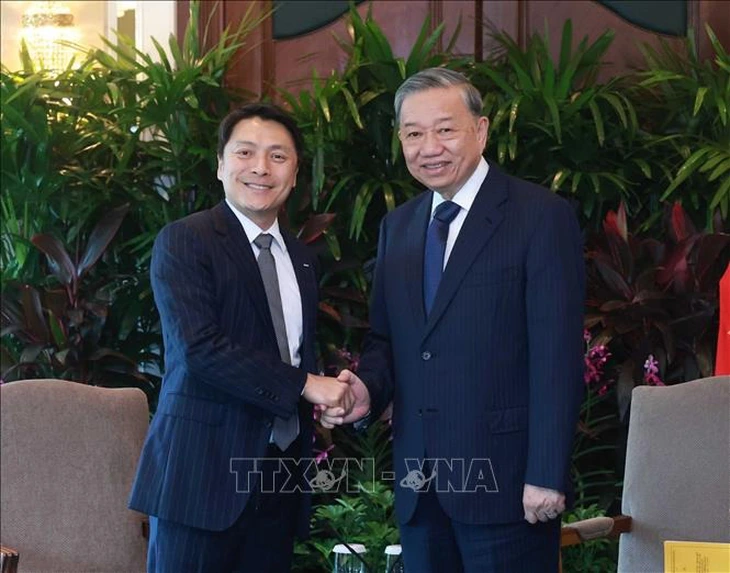 Louis Lim (L), CEO of Real Estate at Keppel Ltd., shakes hands with Vietnamese Party General Secretary To Lam during Lam’s visit to Singapore, March 11, 2025. Photo: Vietnam News Agency