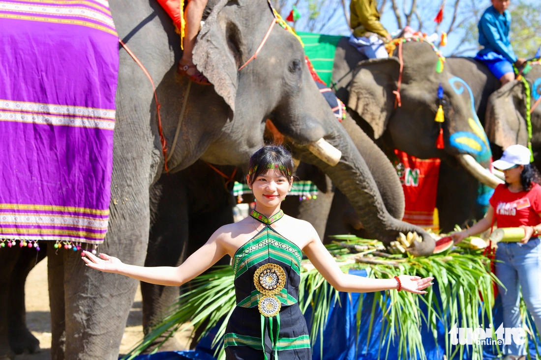 A young girl in traditional costume poses in front of giant elephants at the 2025 Buon Don Elephant Festival in Dak Lak Province on March 12, 2025. Photo: The The / Tuoi Tre