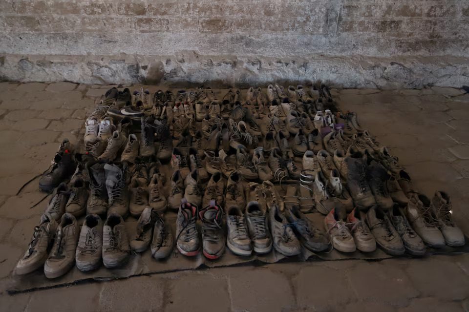 Shoes are displayed in a room of a ranch that is part of the crime scene where a mass grave was found in the western state of Jalisco, in Teuchitlan, Mexico, March 11, 2025. Photo: Reuters