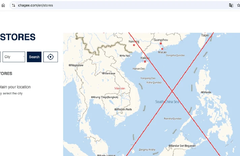 A screenshot shows the global website of the Chagee milk tea brand featuring the illegal ‘nine-dash line.’