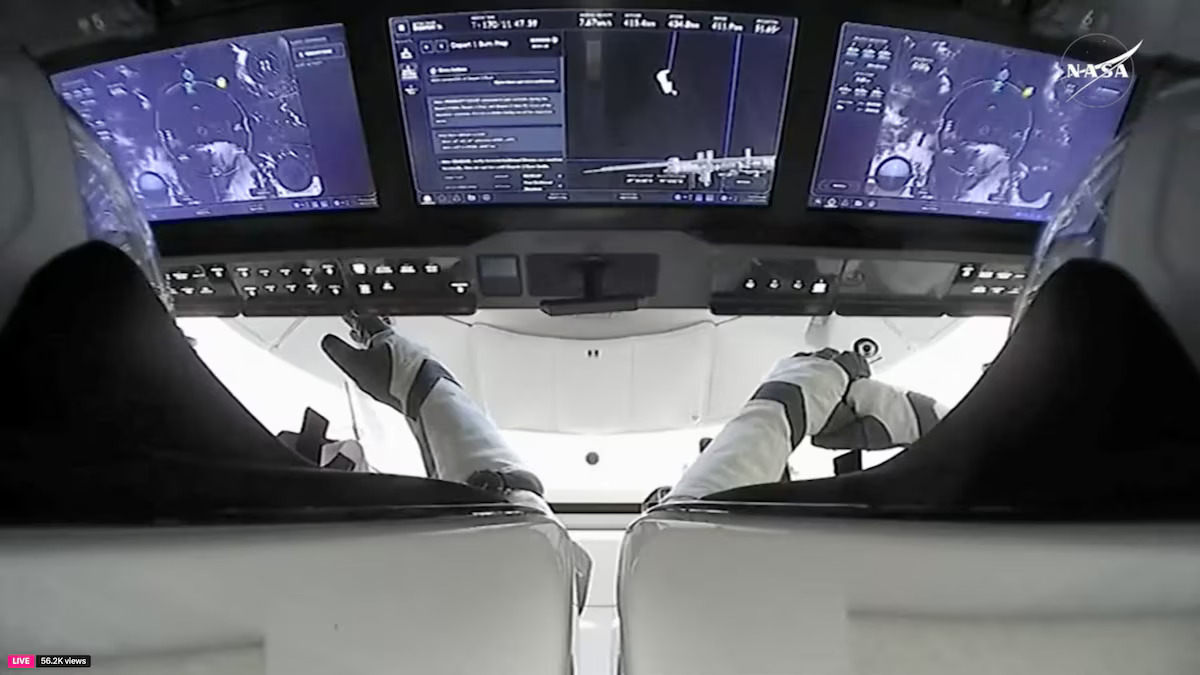 Astronauts are seen inside a SpaceX Crew Dragon capsule carrying Butch Wilmore and Suni Williams, two veteran NASA astronauts who have been stuck on the International Space Station for nine months, and Roscosmos cosmonaut Aleksandr Gorbunov and NASA astronaut Nick Hague, after the capsule undocked from the ISS to begin a journey to return to Earth March 18, 2025 in this still image taken from video. Photo: Reuters