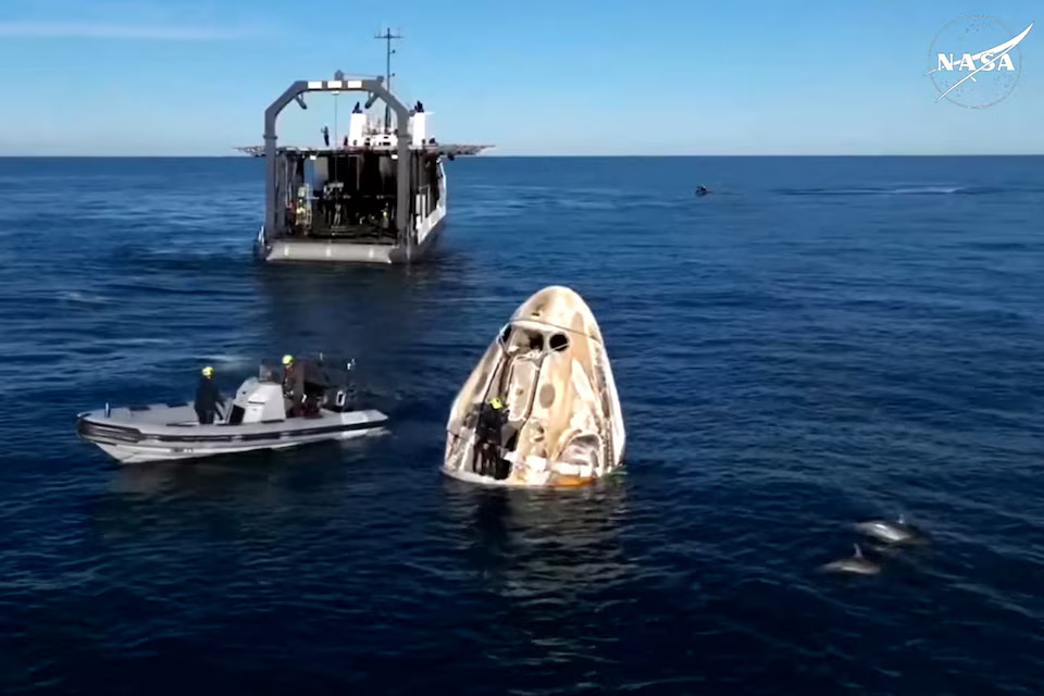 [8/16]Dolphins swim past the Crew Dragon capsule containing Butch Wilmore and Suni Williams and two other astronauts floats after their splashdown following their return to earth from the International Space Station off the coast of Florida, U.S. March 18, 2025 in a still image from video. Photo: Reuters