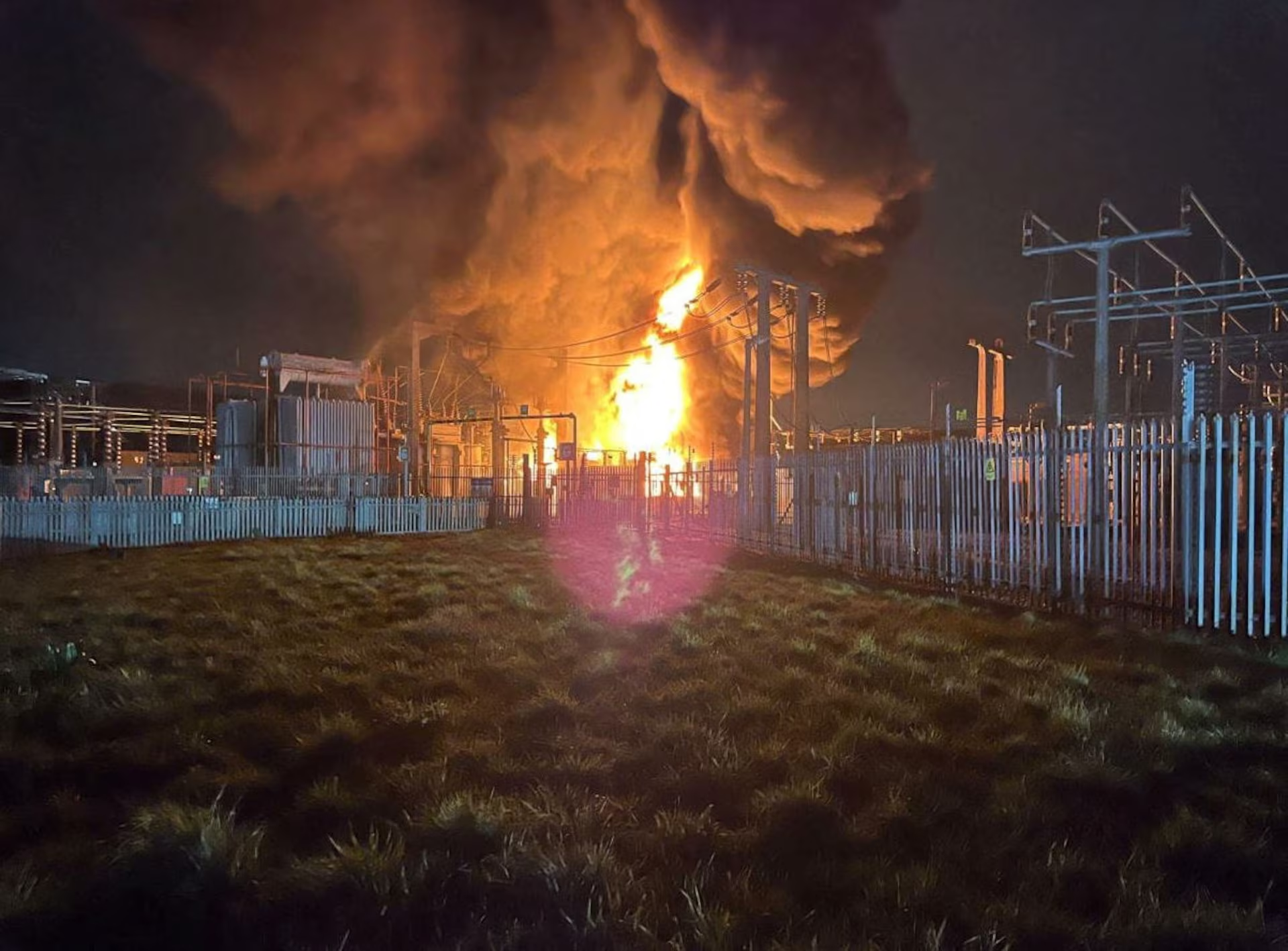 Fire, which wiped out power and closed Heathrow Airport, rises at the North Hyde Electricity Substation in Hayes, Britain in this handout picture released on March 21, 2025. Courtesy of London Fire Brigade/Handout via Reuters