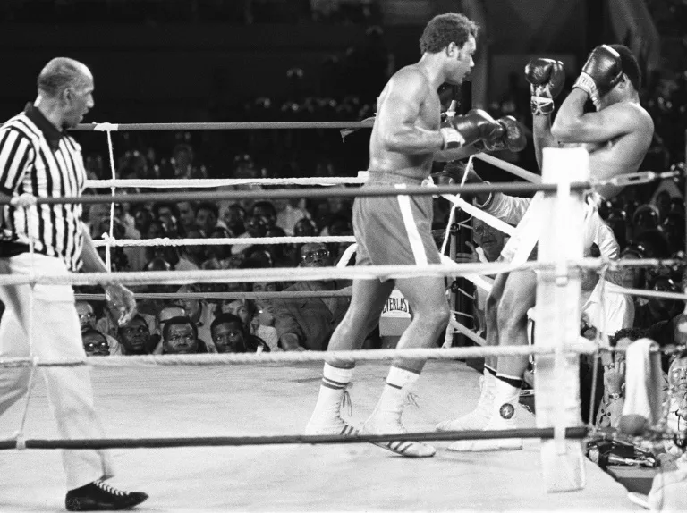 On the ropes: George Foreman battered away at Muhammad Ali in Kinshasa but ended up losing the heavyweight title. Photo: AFP