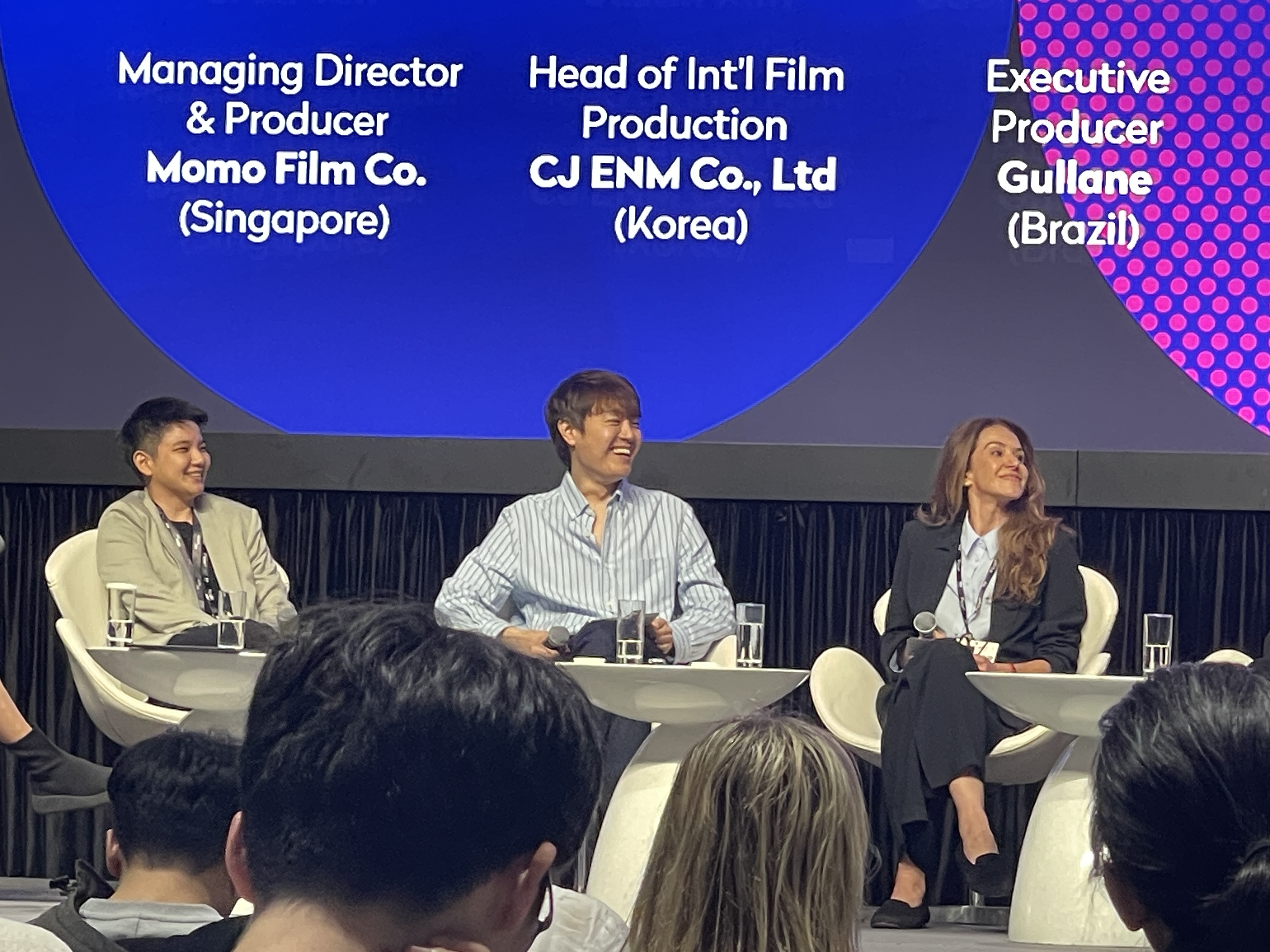 Si En Tan (left) and Justin Kim attend the panel discussion 'Opportunities and challenges of Europe-Asia co-productions' held as part of the Producers Connect program during FILMART 2025 in Hong Kong from March 17 to 20, 2025. Photo: Dong Nguyen / Tuoi Tre News